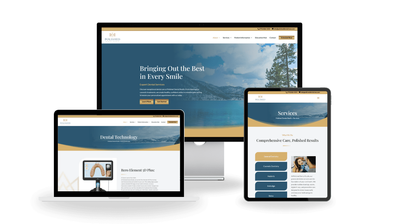 Desktop computer, Laptop and Tablet showing Polished Dental website